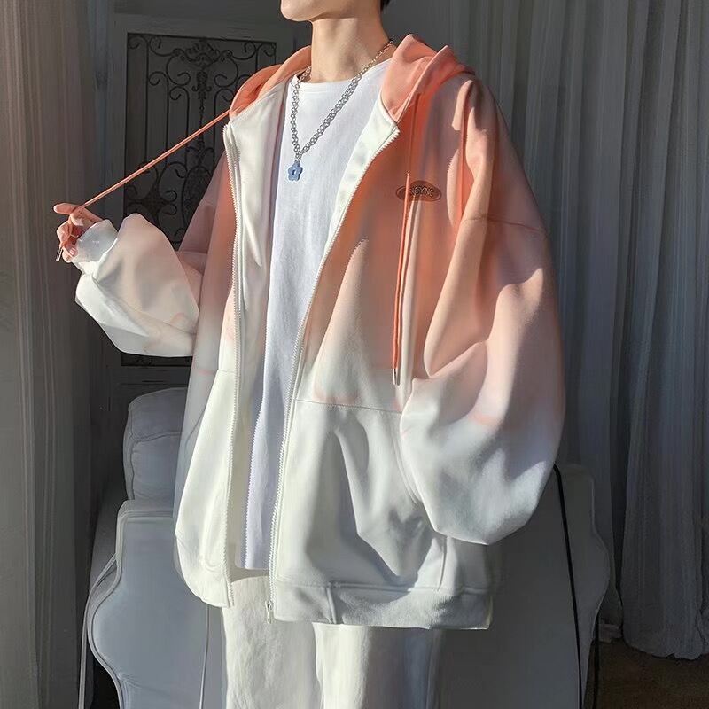 Hong Kong Style Gradient Cardigan Sweater Men's Spring and Autumn Trendy Ins Hooded Top Clothes 2021 New Loose Sports Jacket