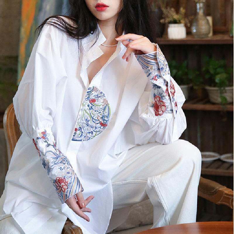 Chinese Style Retro Heavy KDG Embroidered Shirt Top 2 Long 022 Spring New Style Women 'S Stand Collar Width Medium Length Loose