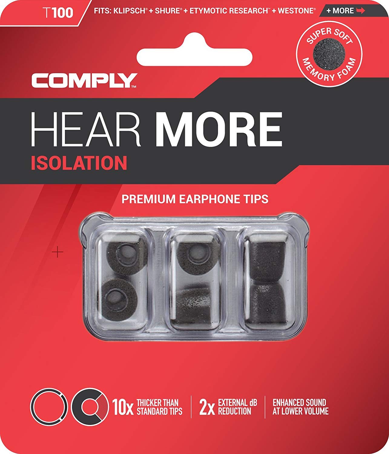 Comply Isolation T-100 Memory Foam Earphone Tips for Etymotic, Klipsch, Shure, Westone & More (Medium,3 pairs)