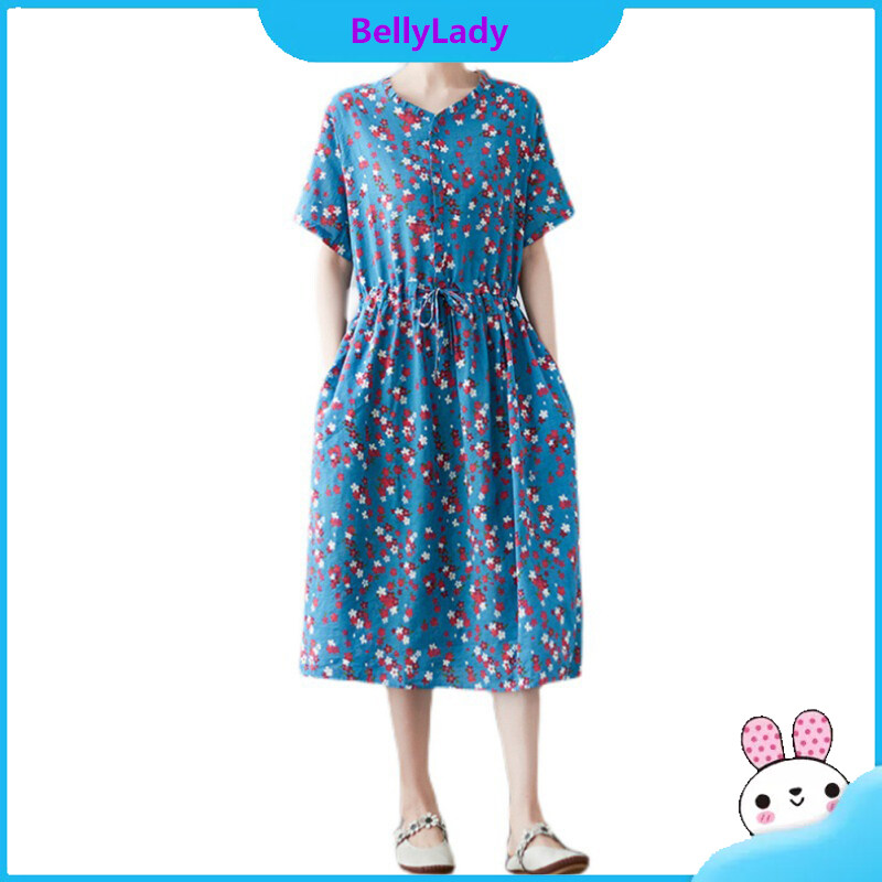 Women Retro Dress Loose Short Sleeve Pullover Dress V-neck Lace-up Printing Skirt