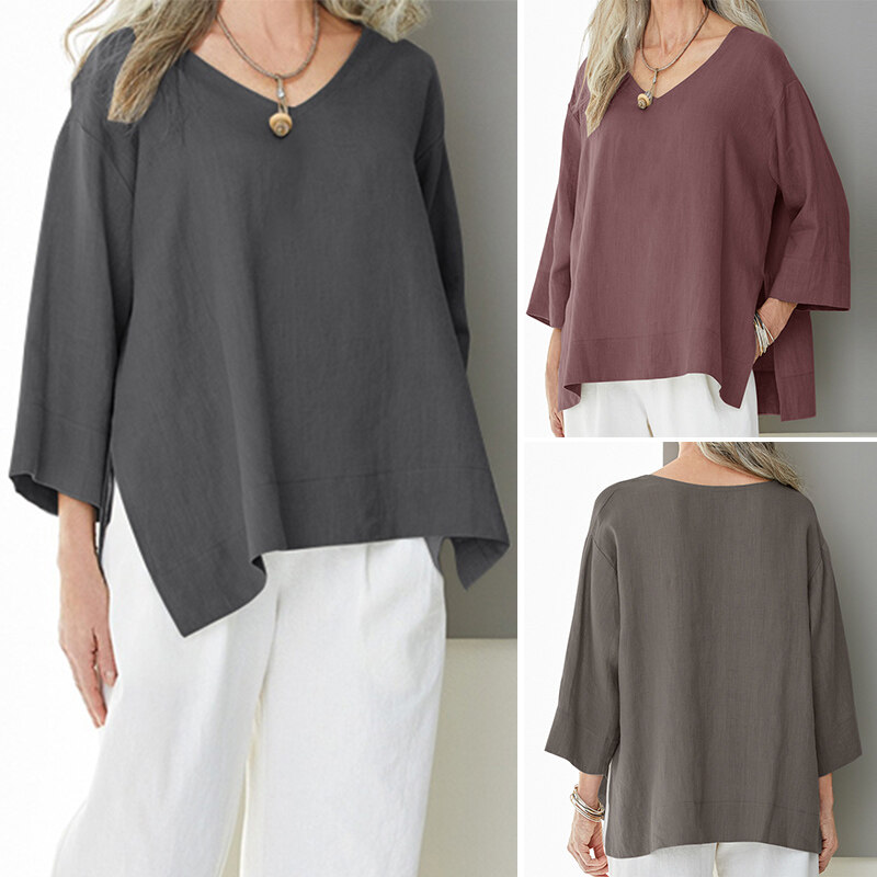 Rulfepy ZANZEA Women Casual V Neck Pullover Basic Tee T Shirt Plus Size Blouse Tops