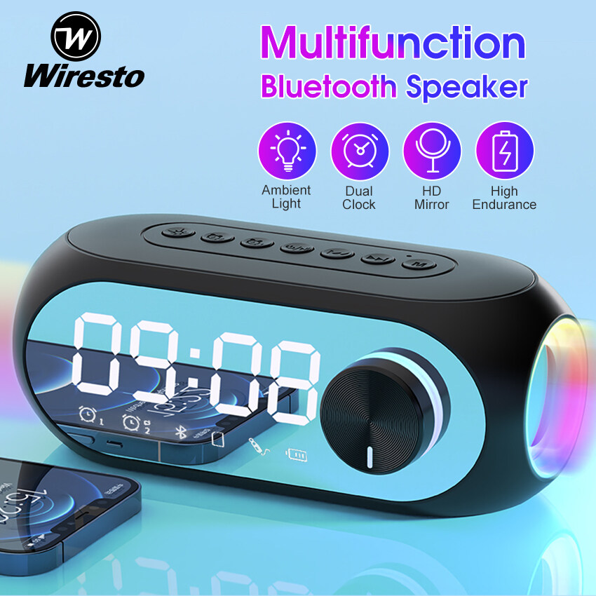 Wiresto Mirror Bluetooth Speaker Alarm Clock Bluetooth Speaker Digital Display Radio LED Wireless Subwoofer Music Player Table Clock Multifunction Bluetooth Speaker FM Radio TF Card AUX Bluetooth Comp