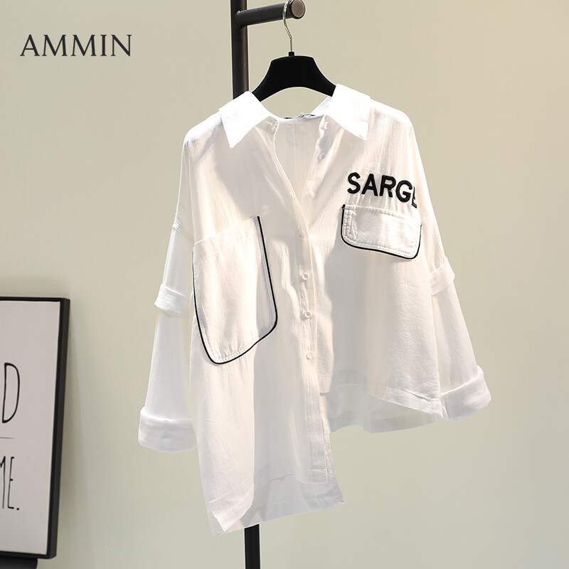 AMMIN White embroidered letters irregular cotton and linen shirt women 2021 spring and summer new Korean loose casual blouse tops