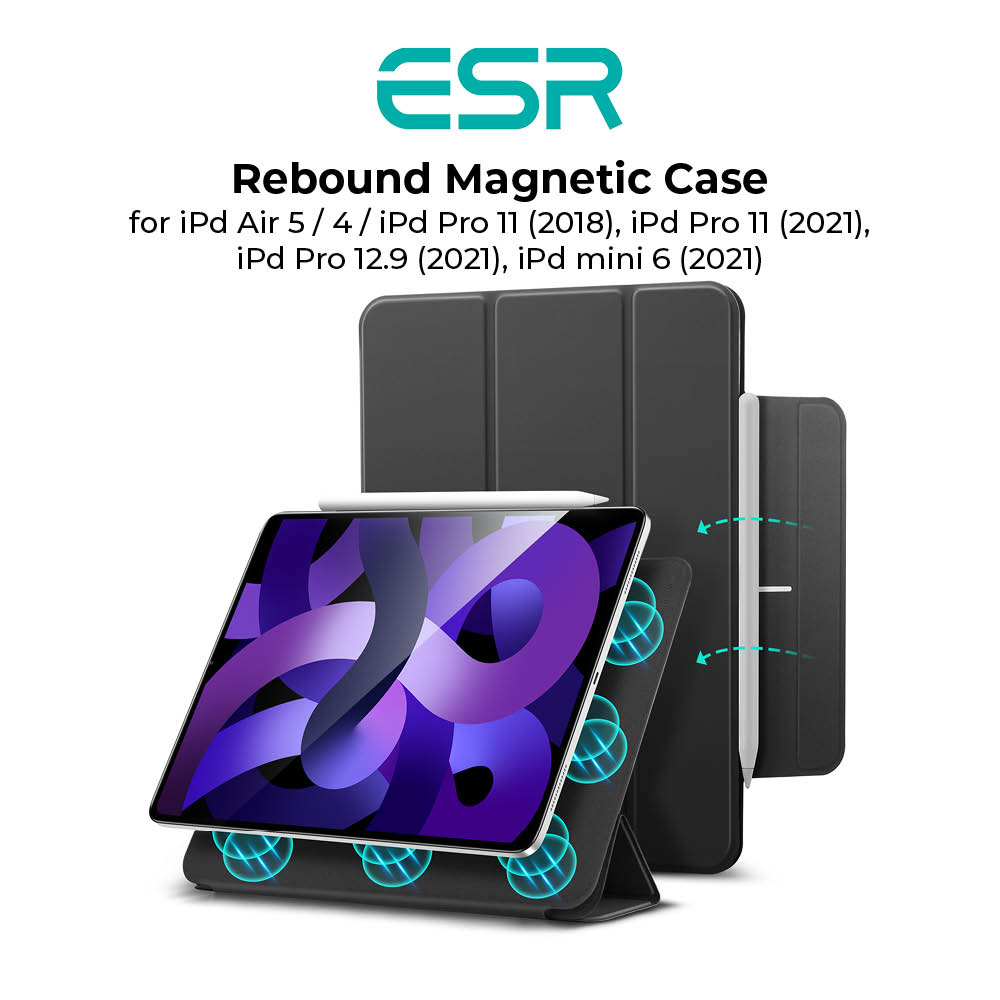 ESR Rebound Magnetic Smart Case for iPad Air 5 2022 iPad Air 4 [Supports Apple Pencil Pairing & Charging] Smart Case Cover, Auto Sleep/Wake Trifold Stand Case