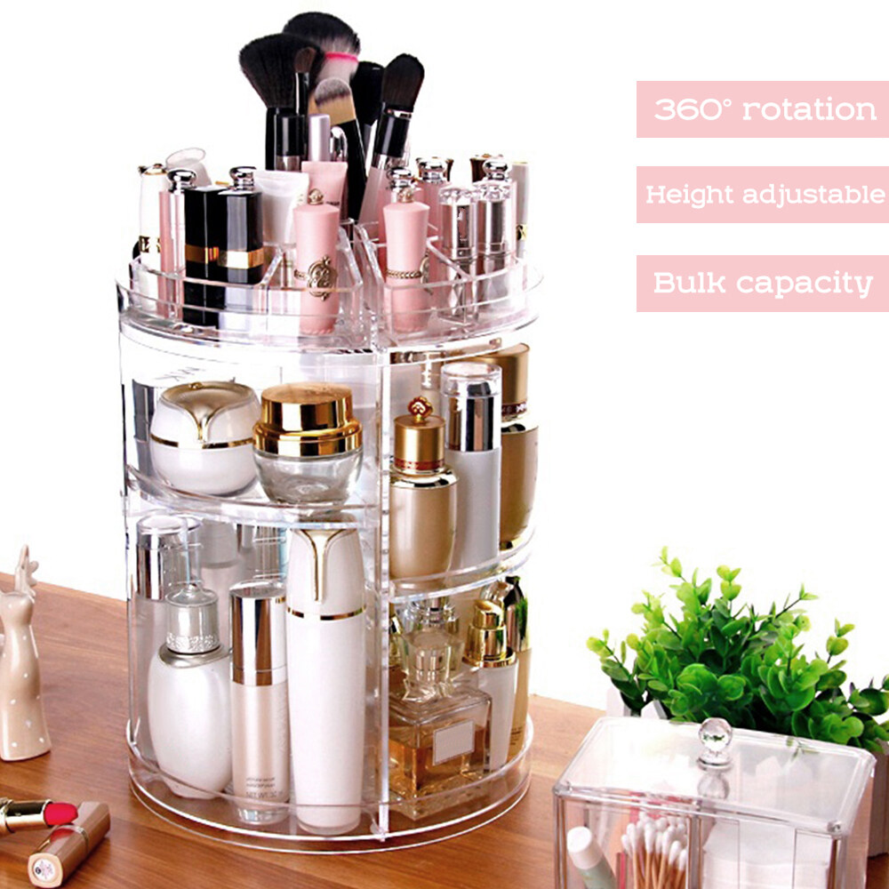 【Ready Stock& 2022 New】360° Rotating Make Up Jewelry Organiser Acrylic Beauty Cosmetic Brush Storage Height Adjustable with Jewelry Rack 360° Rotating Acrylic Makeup Organiser Clear Cosmetics Holder S