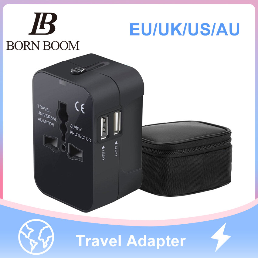 BornBoom Universal Travel Power Adaptor, International Wall Charger Travel Plug for UK/USA/EU/AUS 200 Countries, With 2 USB Charging Ports, AC Socket For Apple, IPhone, IPad, Samsung, Huawei, Android 